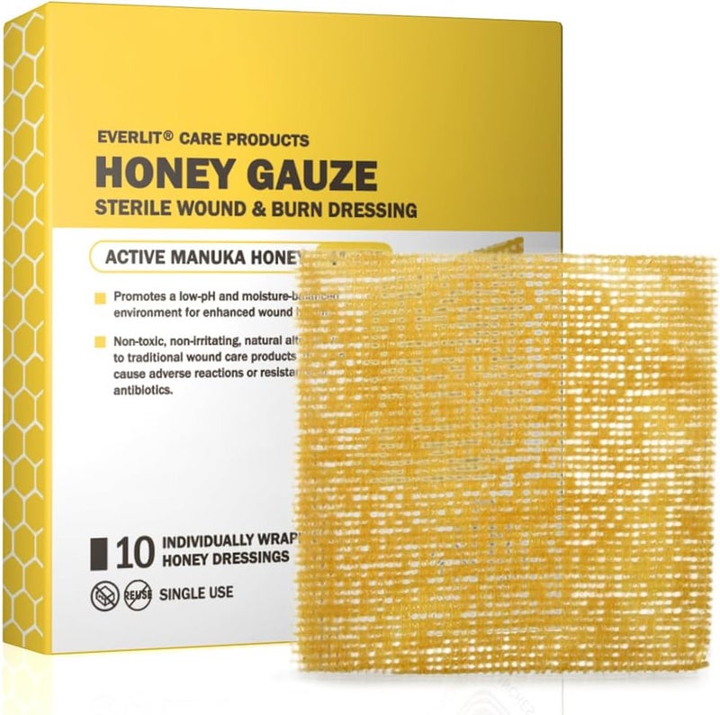 EVERLIT CARE Manuka Honey Dressing  Sterile NonAdhesive Pads with Unadulterated MedicalGrade Honey  Advanced Healing for Burn Chronic Wound Donor Sites Pressure  Diabetic Ulcer 4 Gauze - Image 1