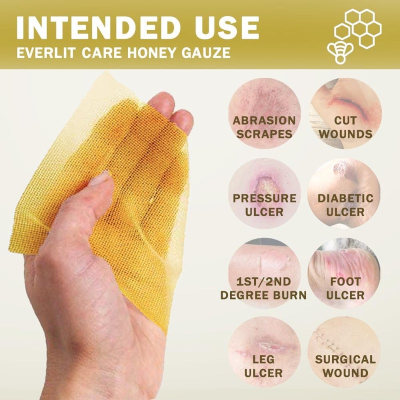EVERLIT CARE Manuka Honey Dressing  Sterile NonAdhesive Pads with Unadulterated MedicalGrade Honey  Advanced Healing for Burn Chronic Wound Donor Sites Pressure  Diabetic Ulcer 4 Gauze - Image 5