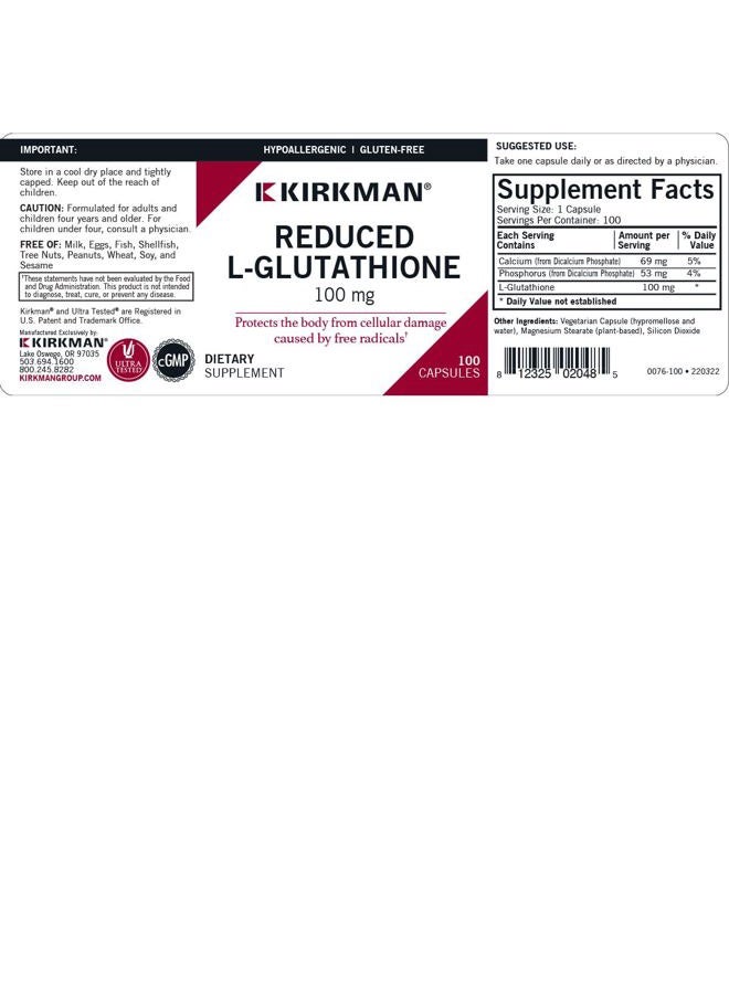 Kirkman Reduced L-Glutathione 100 mg - Hypoallergenic | 100 Vegetarian Capsules | Antioxidant - Image 3