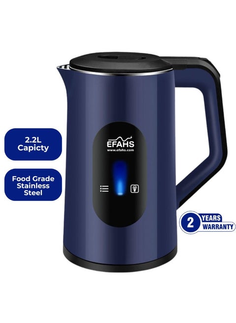EFAHS Cordless Electric Kettle, Quick Boiling, Lightweight Design, 360° Swivel Base, Auto Shut-Off, Boil-Dry Protection, Concealed Heating Plate, 2.2 L 1500 W Blue For making Instant TEA / COFFEE / SOUP / BOILING EGGS