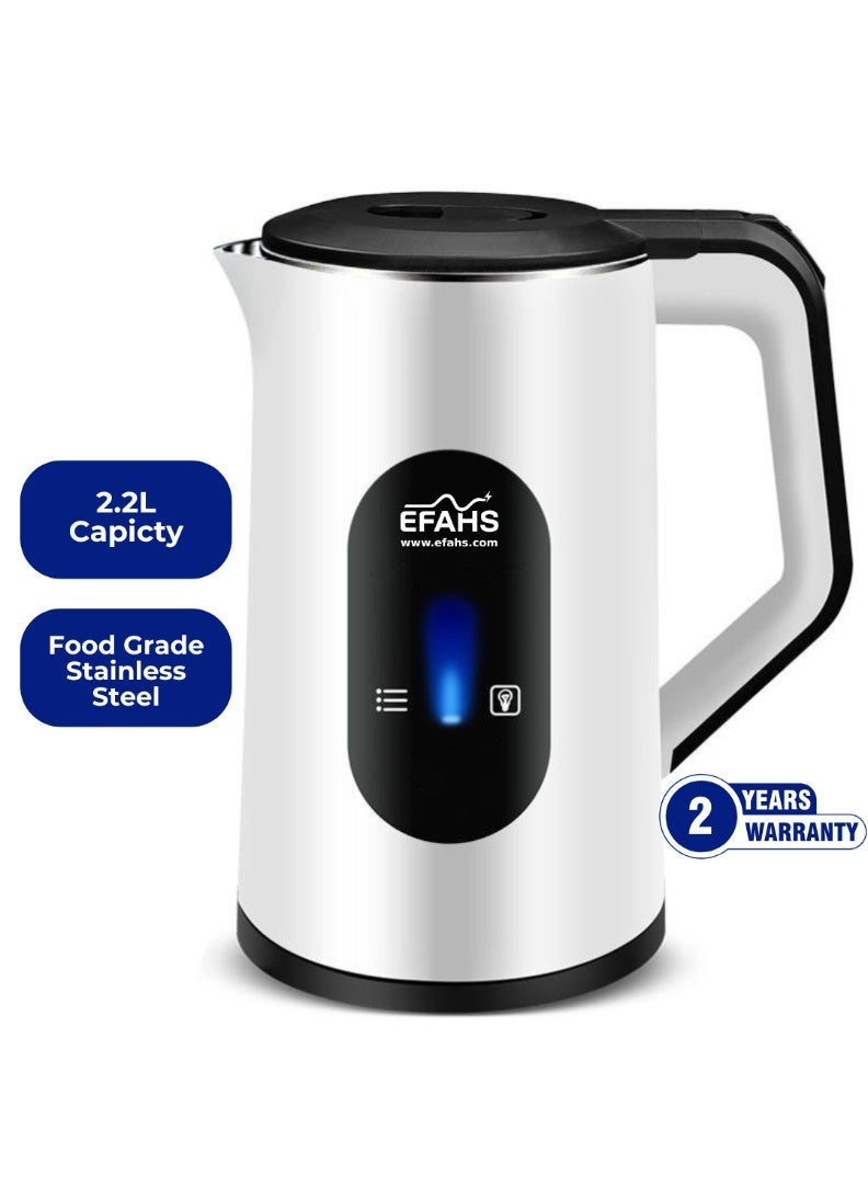 عفہس غلاية كهربائية لاسلكية من EFAHS، غليان سريع، تصميم خفيف الوزن، قاعدة دوّارة 360°، إيقاف تلقائي، حماية من الغليان الجاف، سخان مخفي، سعة 2.2 لتر، قدرة 1500 واط – أبيض/أزرق لتحضير الشاي الفوري / القهوة / الحساء / سلق البيض - Image 2