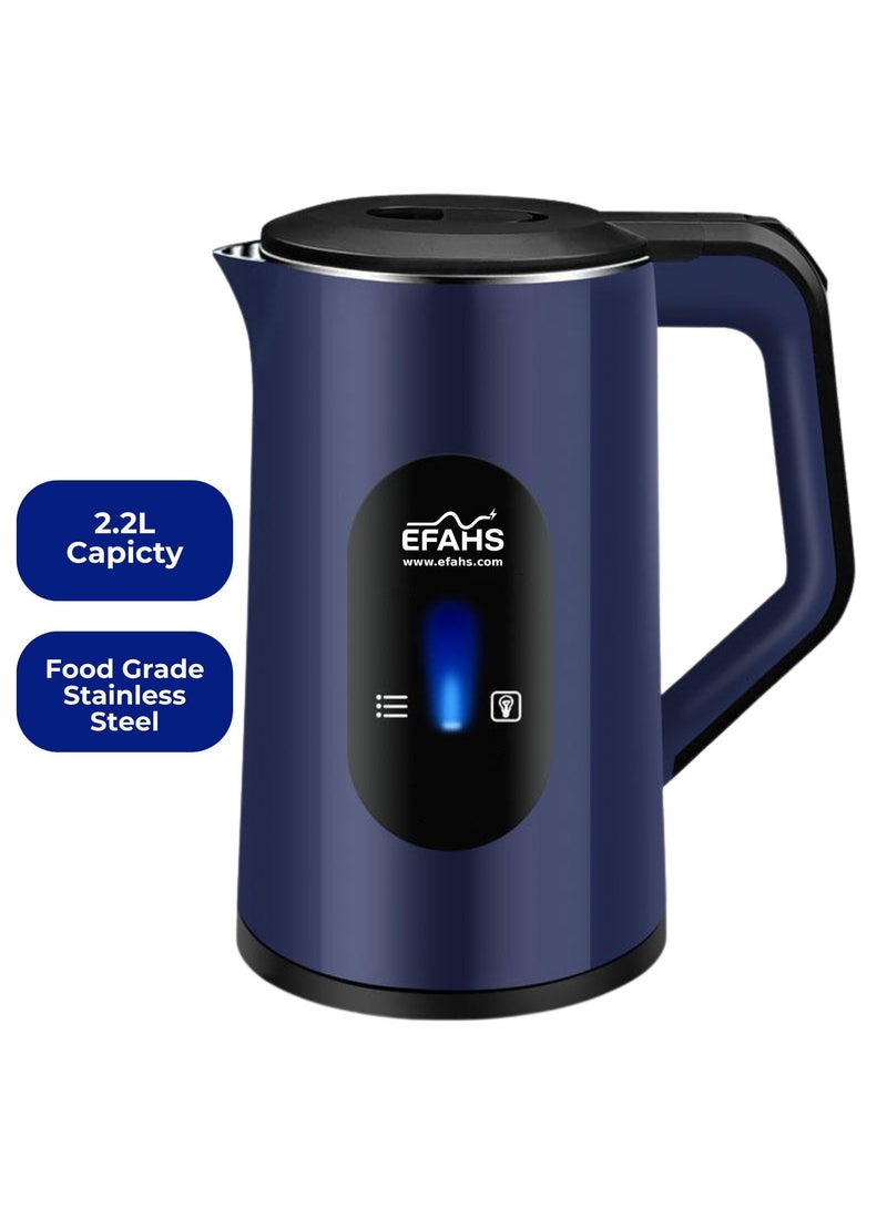 عفہس غلاية كهربائية لاسلكية من EFAHS، غليان سريع، تصميم خفيف الوزن، قاعدة دوّارة 360°، إيقاف تلقائي، حماية من الغليان الجاف، سخان مخفي، سعة 2.2 لتر، قدرة 1500 واط – أبيض/أزرق لتحضير الشاي الفوري / القهوة / الحساء / سلق البيض - Image 3