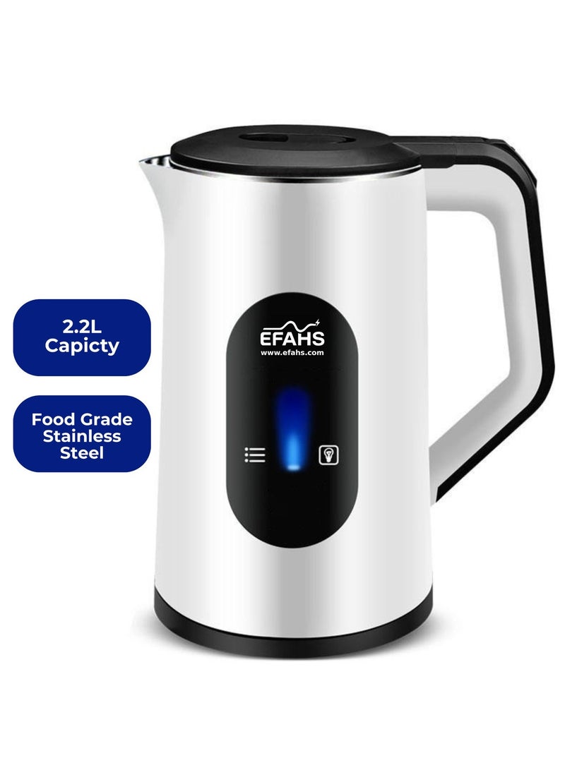 عفہس غلاية كهربائية لاسلكية من EFAHS، غليان سريع، تصميم خفيف الوزن، قاعدة دوّارة 360°، إيقاف تلقائي، حماية من الغليان الجاف، سخان مخفي، سعة 2.2 لتر، قدرة 1500 واط – أبيض/أزرق لتحضير الشاي الفوري / القهوة / الحساء / سلق البيض - Image 4