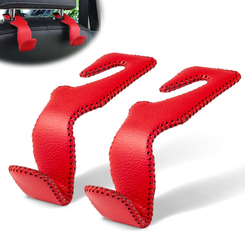 LivTee Red Superior Leather Car Seat Back Headrest Hook Auto Seat Hook Hangers Interior Accessories for Purse Coats Umbrellas Grocery Bags Handbag 2Pack