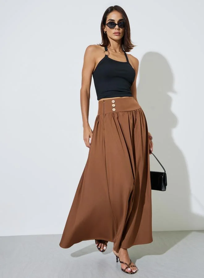 ستايلي Brown Solid Buttons Detail A-line Maxi Skirt