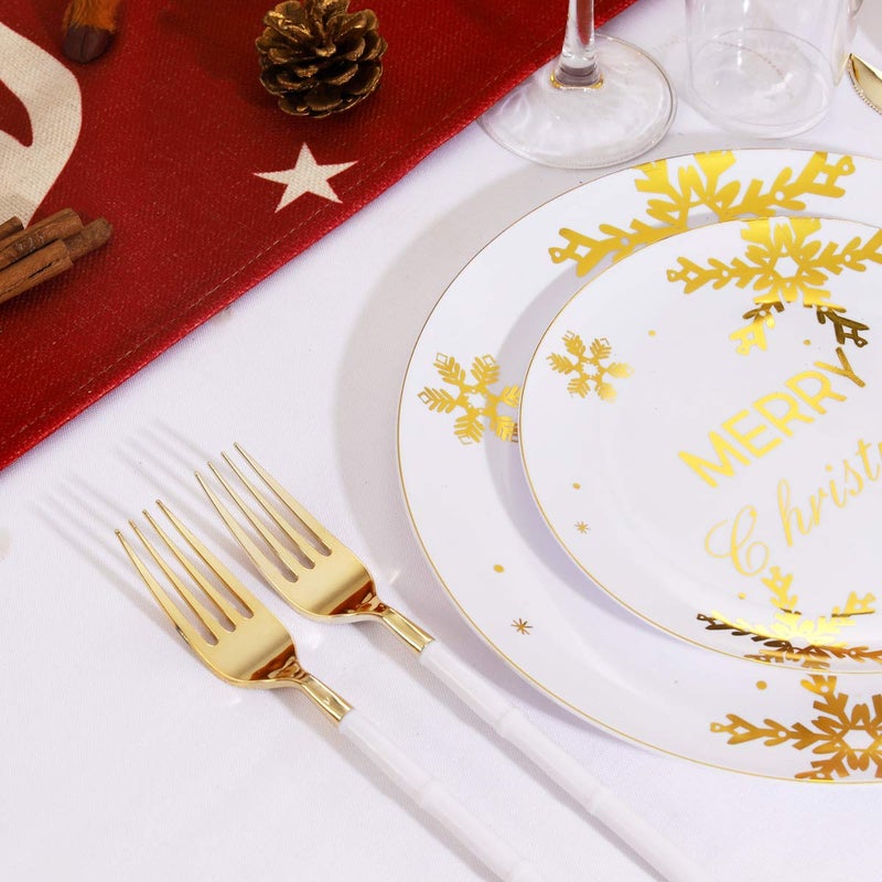 WDF 50-Piece Christmas Snowflake Plastic Plates - Heavyweight White & Gold Disposable Plates for Christmas - Image 3