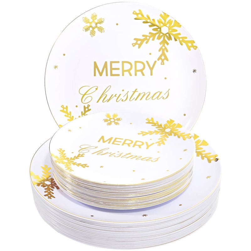 WDF 50-Piece Christmas Snowflake Plastic Plates - Heavyweight White & Gold Disposable Plates for Christmas - Image 1