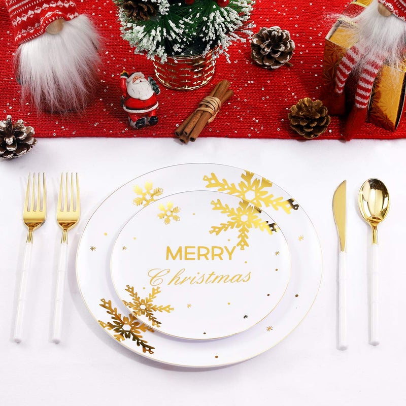 WDF 50-Piece Christmas Snowflake Plastic Plates - Heavyweight White & Gold Disposable Plates for Christmas - Image 5
