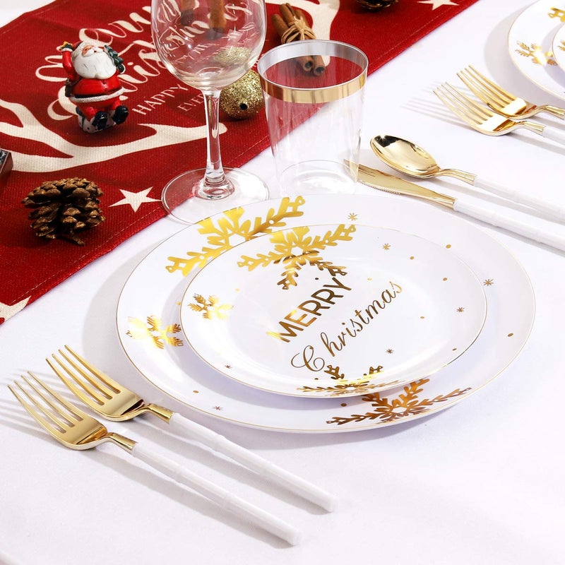 WDF 50-Piece Christmas Snowflake Plastic Plates - Heavyweight White & Gold Disposable Plates for Christmas - Image 4