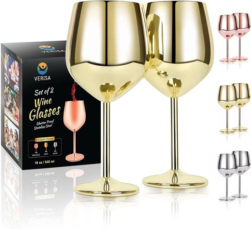 VERISA Stainless steel stemmed wine glasses,18oz Unbreakable gold Wine glasses set of 2, Shatterproof wine steel gold goblets set Outdoor, red wine glass Metal Wine goblet love is blind - Image 1