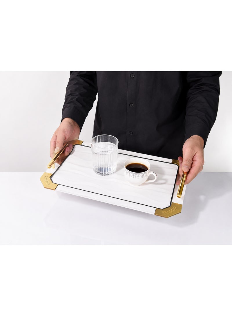 2-Piece Rectangular Serving Tray Set with Gold Metal Handles & Corners (Large & Small) - White & Gold - Image 2