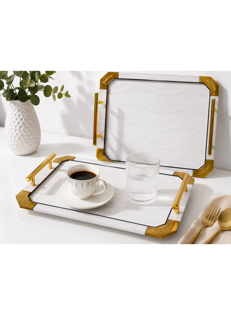 2-Piece Rectangular Serving Tray Set with Gold Metal Handles & Corners (Large & Small) - White & Gold - Image 3