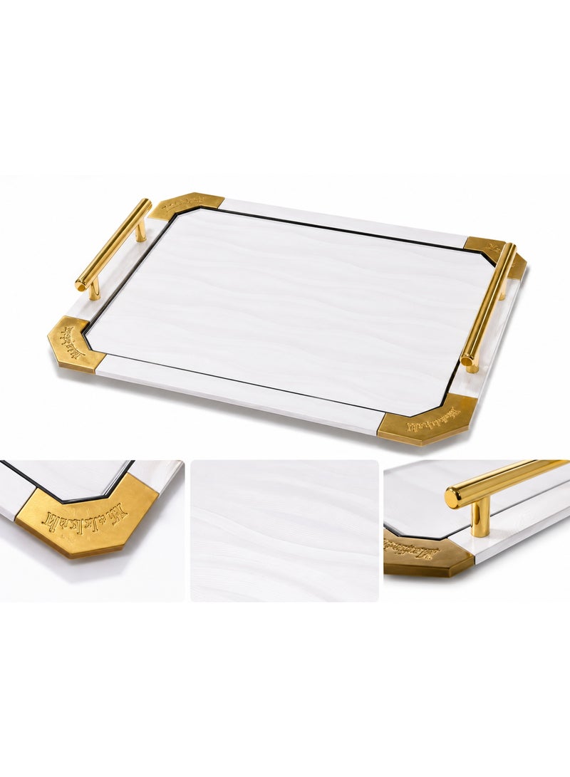 2-Piece Rectangular Serving Tray Set with Gold Metal Handles & Corners (Large & Small) - White & Gold - Image 5
