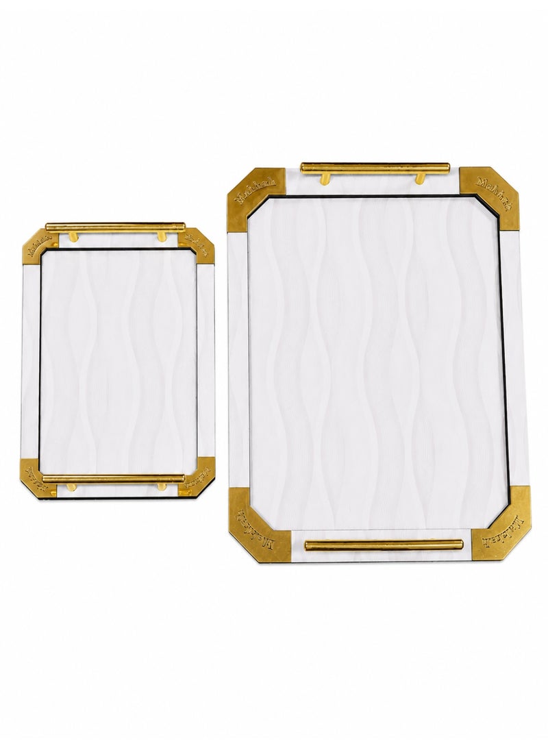 2-Piece Rectangular Serving Tray Set with Gold Metal Handles & Corners (Large & Small) - White & Gold - Image 1