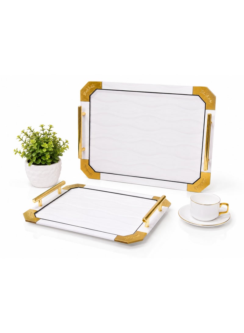 2-Piece Rectangular Serving Tray Set with Gold Metal Handles & Corners (Large & Small) - White & Gold - Image 4