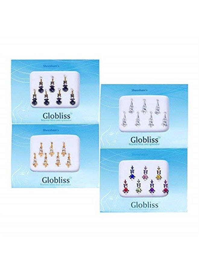 4 Packs with 28 Long Indian Bindis face Gems Forehead Sticker Silver Golden Black Colorful