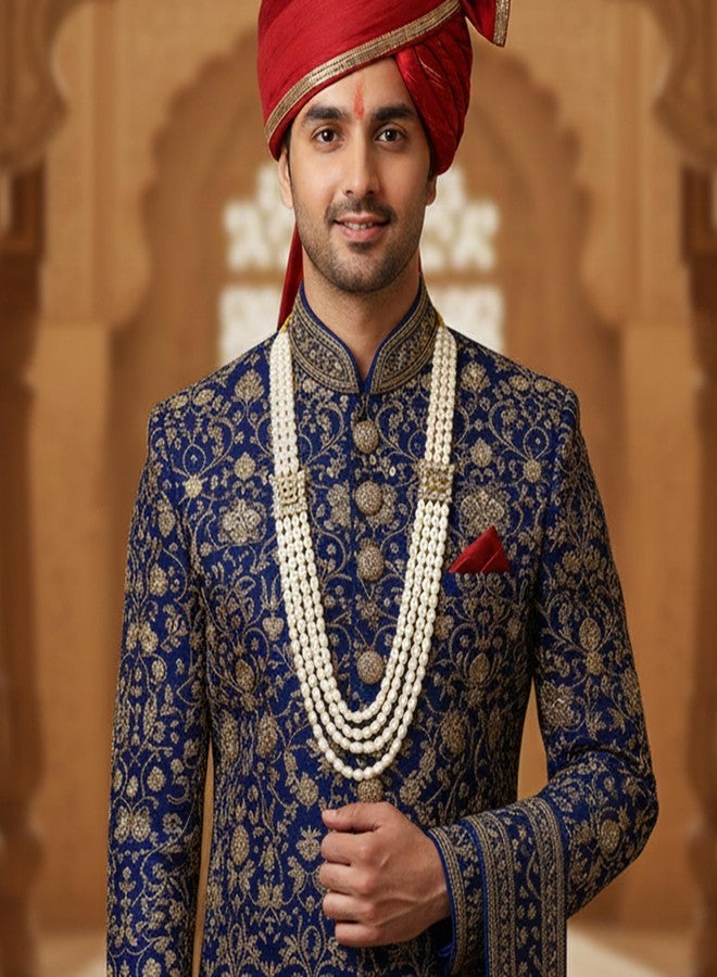 Mahi Elegant 4-Layer Dulha Mala for Groom with White Artificial Pearls & Crystals Traditional Wedding Necklace for Men | Sherwani Mala Jewelry (ML1103873GWhi) - Image 2