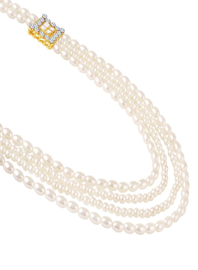 Mahi Elegant 4-Layer Dulha Mala for Groom with White Artificial Pearls & Crystals Traditional Wedding Necklace for Men | Sherwani Mala Jewelry (ML1103873GWhi) - Image 3