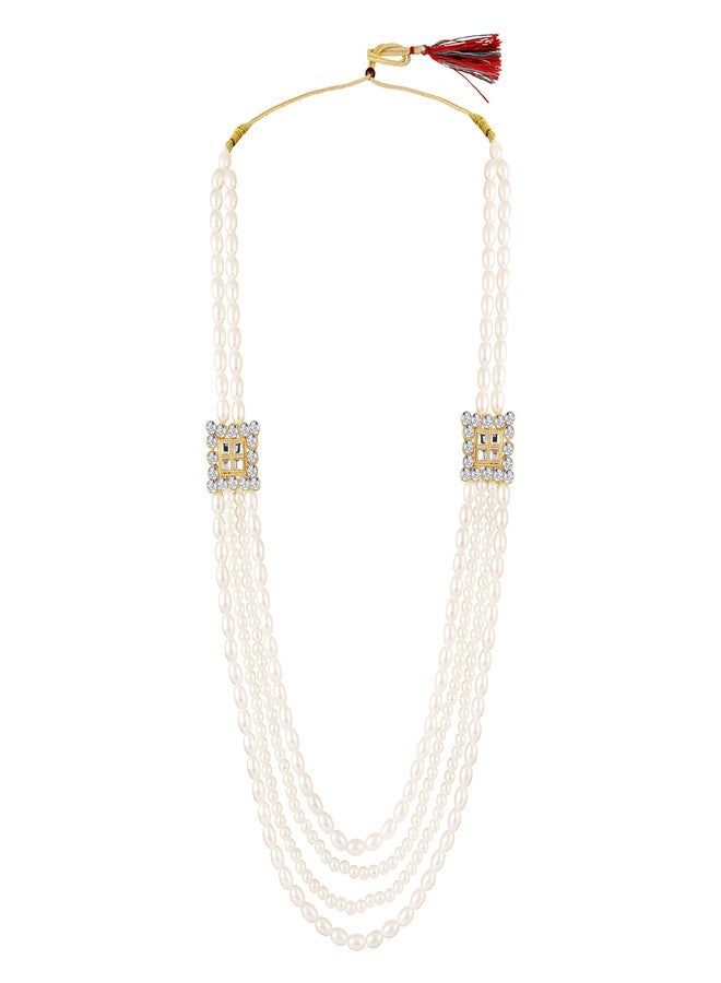 Mahi Elegant 4-Layer Dulha Mala for Groom with White Artificial Pearls & Crystals Traditional Wedding Necklace for Men | Sherwani Mala Jewelry (ML1103873GWhi) - Image 1
