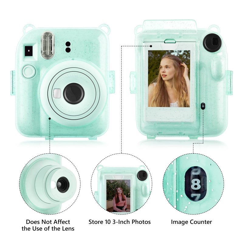 Rieibi Clear Case Compatible with Fuji Instax Mini 12 - Glitter Case Bag for Fujifilm Instax Mini 12 Instant Camera with Back Pocket, Strap and Photo Album - Glitter Green - Image 4