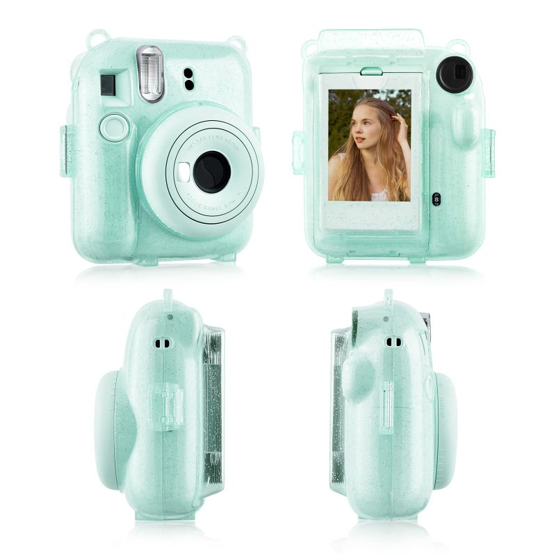 Rieibi Clear Case Compatible with Fuji Instax Mini 12 - Glitter Case Bag for Fujifilm Instax Mini 12 Instant Camera with Back Pocket, Strap and Photo Album - Glitter Green - Image 3