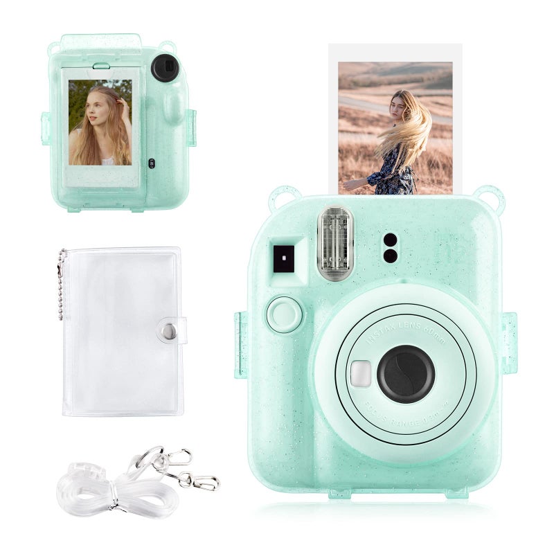 Rieibi Clear Case Compatible with Fuji Instax Mini 12 - Glitter Case Bag for Fujifilm Instax Mini 12 Instant Camera with Back Pocket, Strap and Photo Album - Glitter Green - Image 1