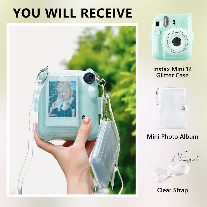 Rieibi Clear Case Compatible with Fuji Instax Mini 12 - Glitter Case Bag for Fujifilm Instax Mini 12 Instant Camera with Back Pocket, Strap and Photo Album - Glitter Green - Image 2
