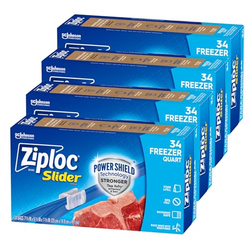 Ziploc Ziploc Quart Food Storage Freezer Slider Bags Power Shield Technology for More Durability 34 Count Pack of 4 136 Total Bags