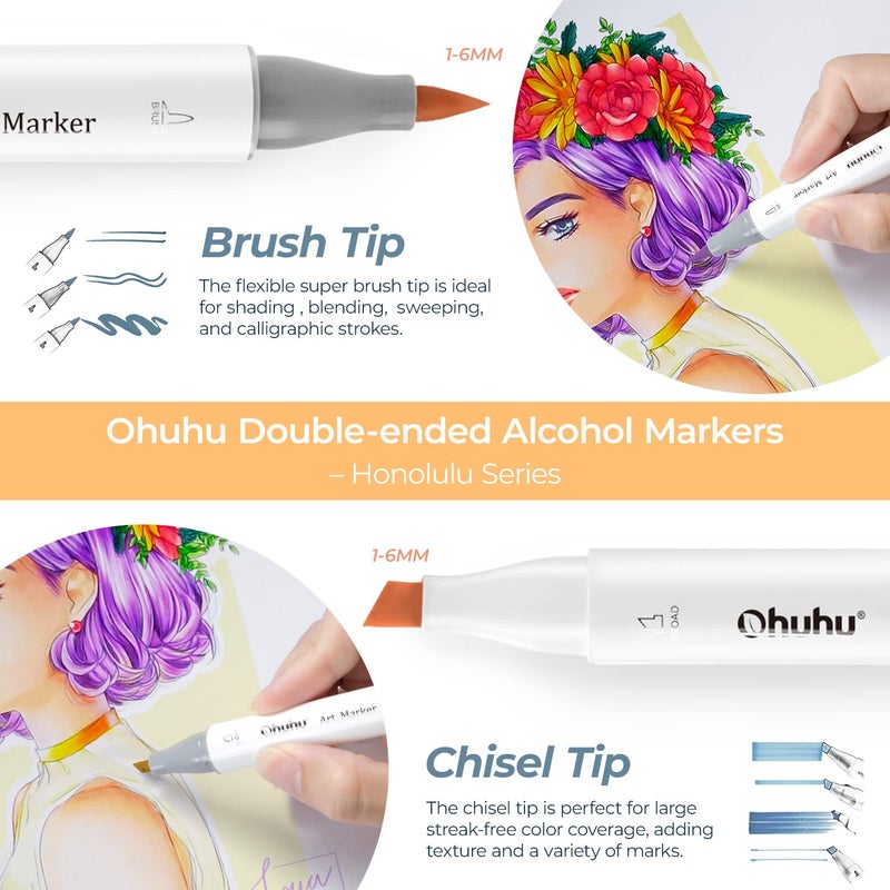 Ohuhu Alcohol Brush Markers 48 Mid-Tone Colors- Double Tipped Alcohol Based Art Marker Set For Artists Adults Coloring Sketch Illustration- Brush & Chisel Dual Tips- Honolulu- Refillable - Image 2