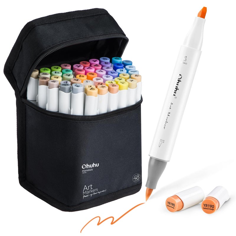 Ohuhu Alcohol Brush Markers 48 Mid-Tone Colors- Double Tipped Alcohol Based Art Marker Set For Artists Adults Coloring Sketch Illustration- Brush & Chisel Dual Tips- Honolulu- Refillable - Image 1