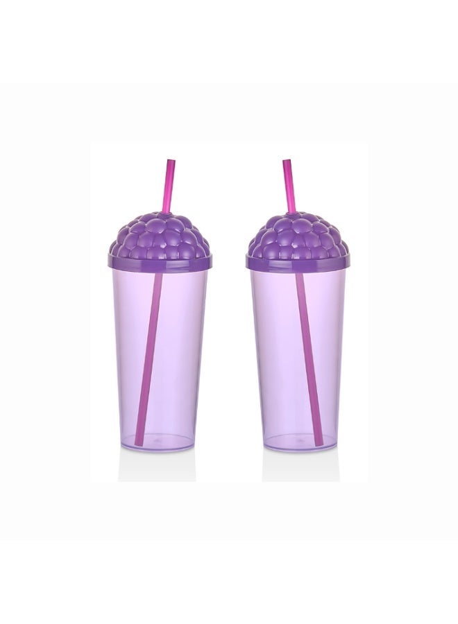 QLUX Plastic 700ml Berry Design Juice Cup with Straw 2 Pcs Set - Image 2