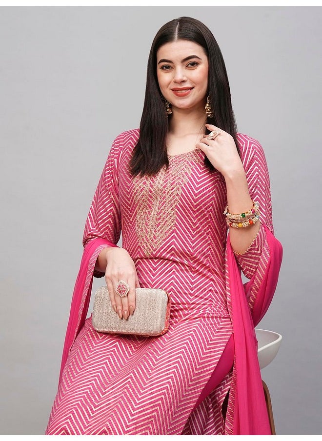 ANNI DESIGNER - ANNI DESIGNER Women's Cotton Blend Straight Printed Kurta with Pant & Dupatta (DMPL RANI_XXL_Pink_XX-Large) - Image 1
