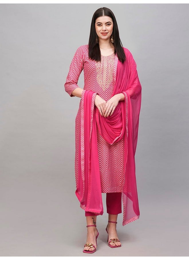 ANNI DESIGNER - ANNI DESIGNER Women's Cotton Blend Straight Printed Kurta with Pant & Dupatta (DMPL RANI_XXL_Pink_XX-Large) - Image 1