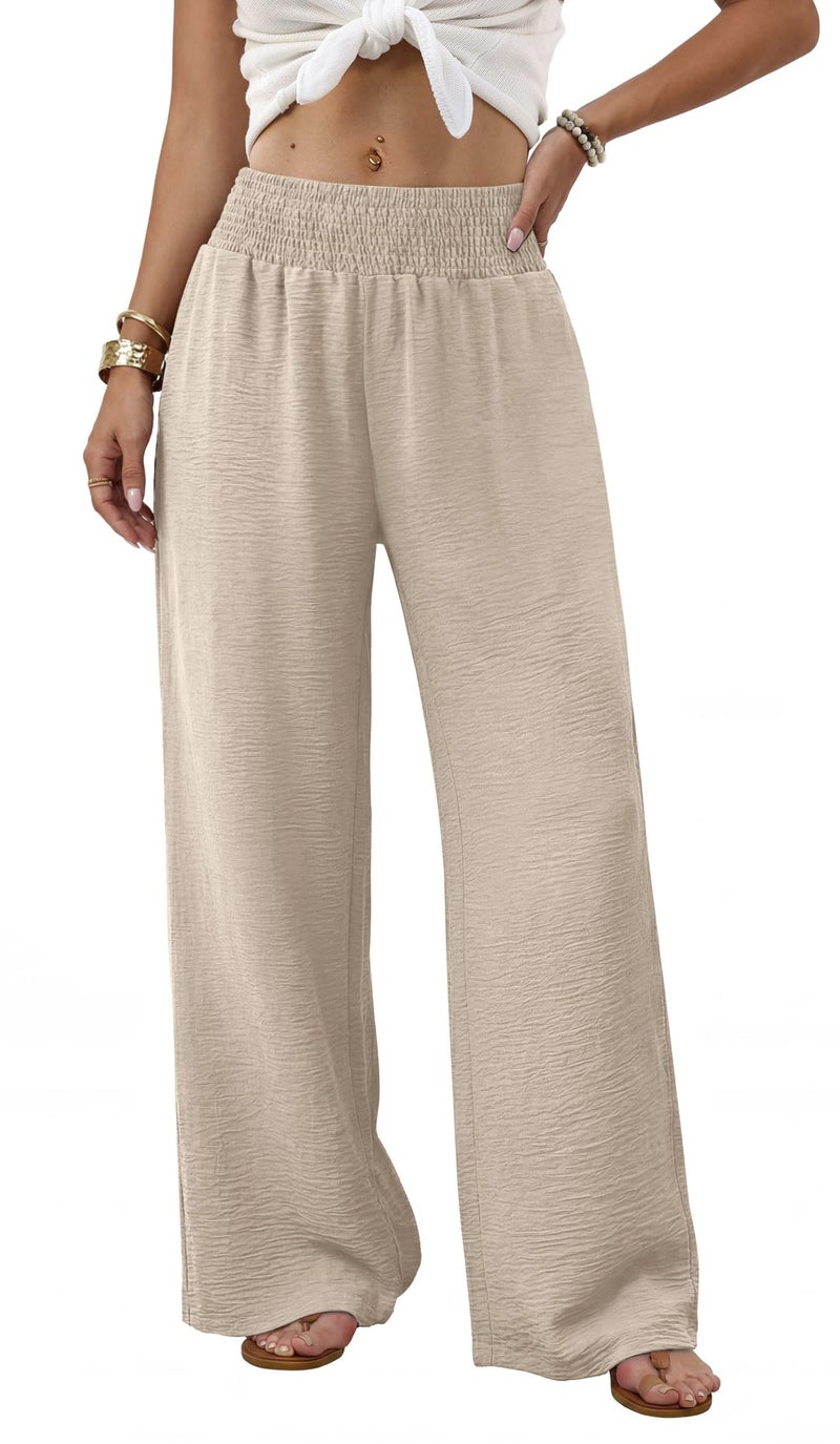 Sampeel Wide Leg Linen Pants Woman Boho Palazzo Trousers for Women with Pockets Flowy Summer Beach Vacation Outfits Spring Cruise Travel Fashion Clothing Dressy Casual Lounge Resort Wear Apricot M - Image 2