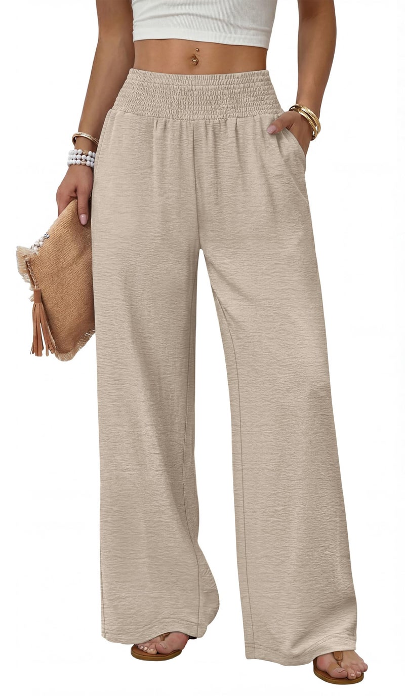 Sampeel Wide Leg Linen Pants Woman Boho Palazzo Trousers for Women with Pockets Flowy Summer Beach Vacation Outfits Spring Cruise Travel Fashion Clothing Dressy Casual Lounge Resort Wear Apricot M - Image 1