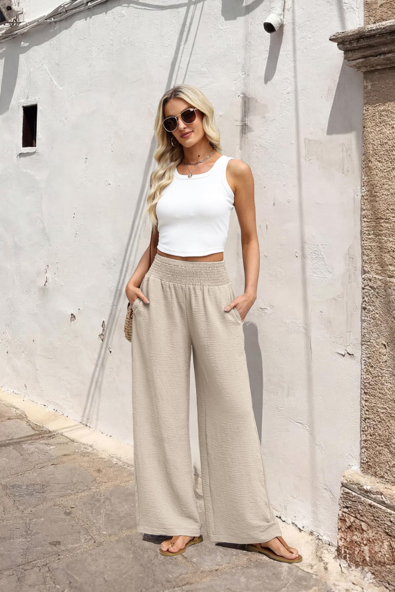 Sampeel Wide Leg Linen Pants Woman Boho Palazzo Trousers for Women with Pockets Flowy Summer Beach Vacation Outfits Spring Cruise Travel Fashion Clothing Dressy Casual Lounge Resort Wear Apricot M - Image 5