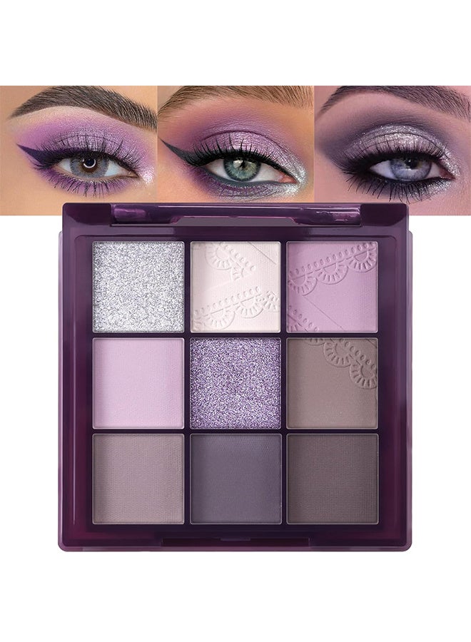 MUGELEEN 9 Colors Eyeshadow Palette, Matte Shimmer Glitter Eye Shadow Palette Makeup, Highly Pigmented Long Lasting Waterproof, Natural Neutral Nude Eyeshadow Make Up Pallet, Purple Lavender Charm Eyeshadow Palette - Image 1