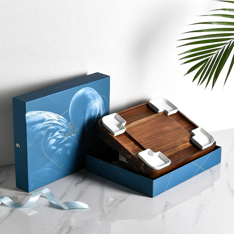 Shanik Shanik Upgraded Acacia Cheese Board Set Square Shaped Charcuterie Set Cheese Platter Handcrafted Design and Stainless Steel Cutlery Set  Gift for Any Occasion No Engraving  - Image 2