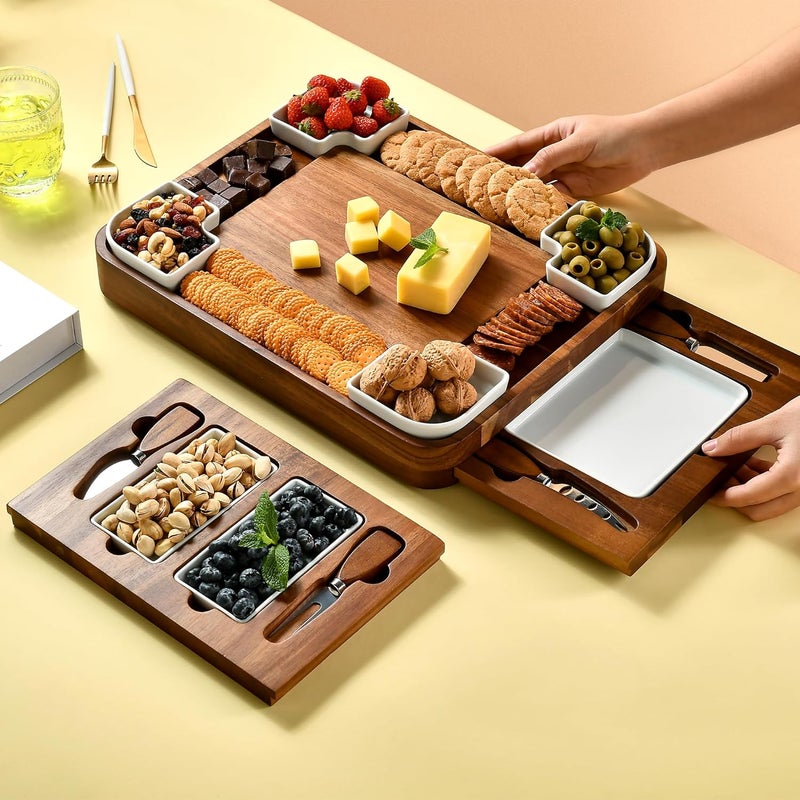 Shanik Shanik Upgraded Acacia Cheese Board Set Square Shaped Charcuterie Set Cheese Platter Handcrafted Design and Stainless Steel Cutlery Set  Gift for Any Occasion No Engraving  - Image 5