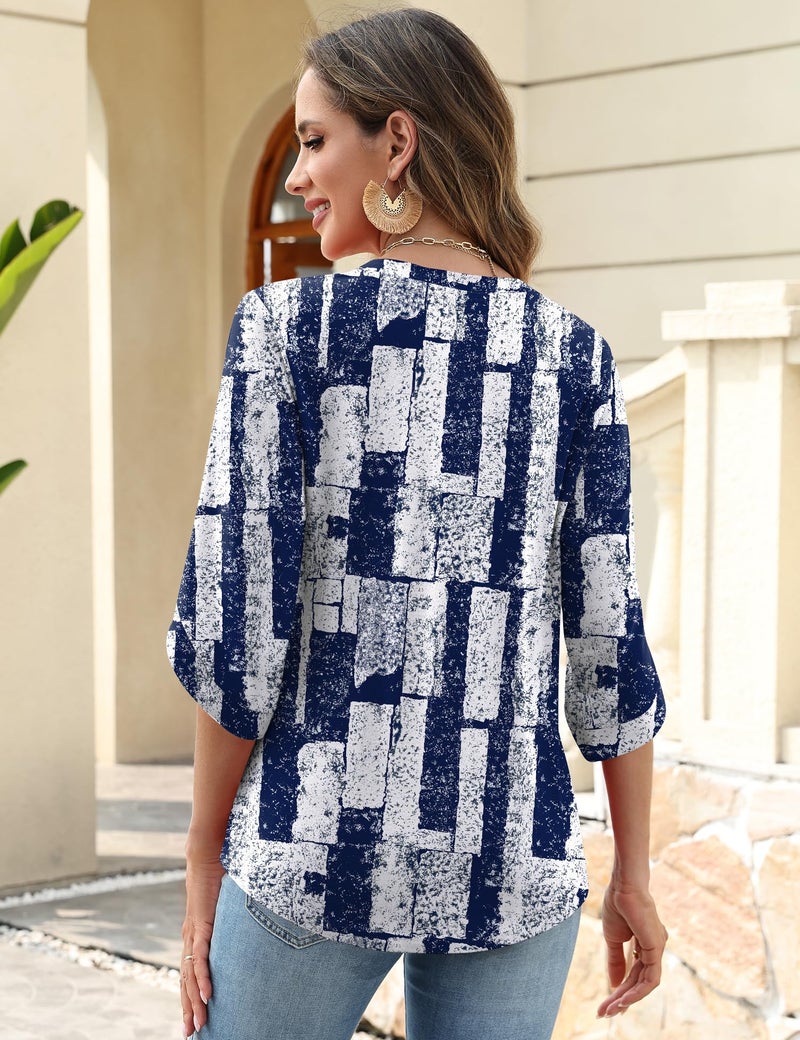 Kistore Ladies 3/4 Sleeve Tshirts V Neck White Plaid Tops Spring Womens Blouses Casual Dressy Tunics Navy Blue M - Image 4