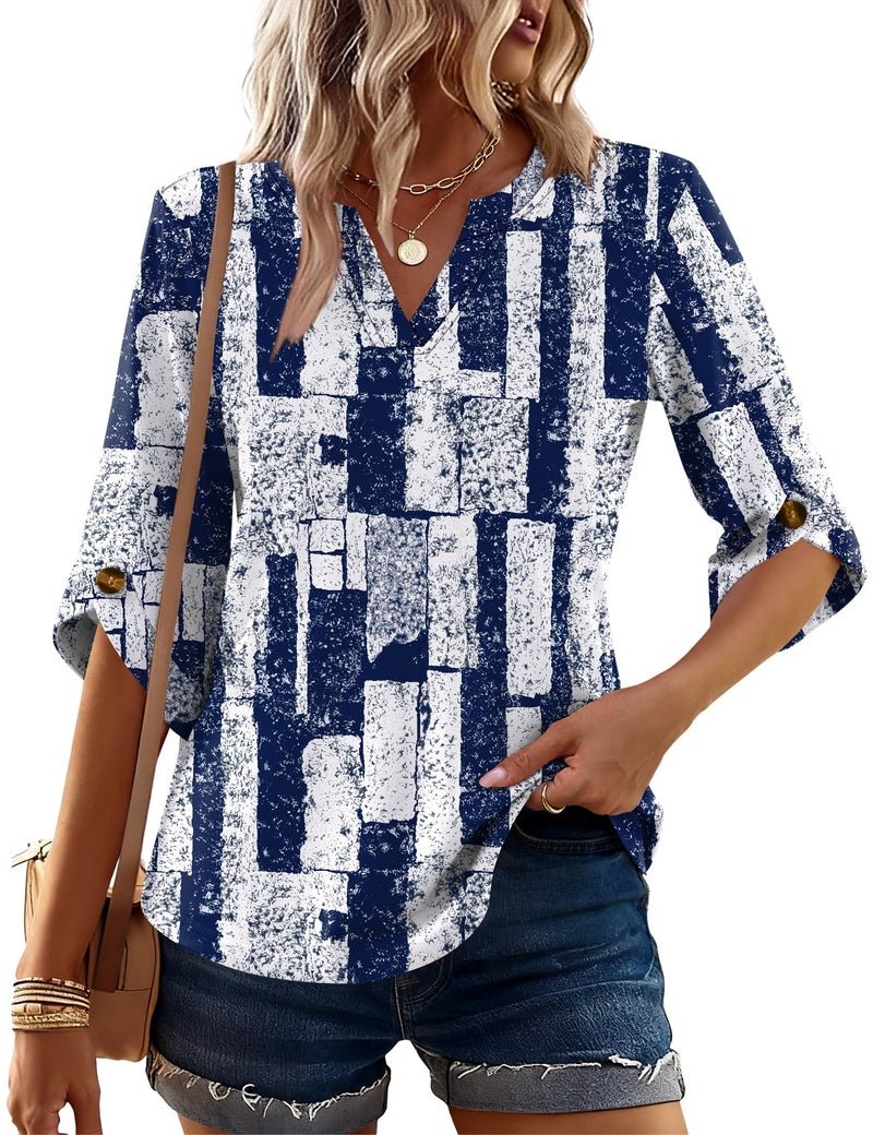 Kistore Ladies 3/4 Sleeve Tshirts V Neck White Plaid Tops Spring Womens Blouses Casual Dressy Tunics Navy Blue M - Image 2