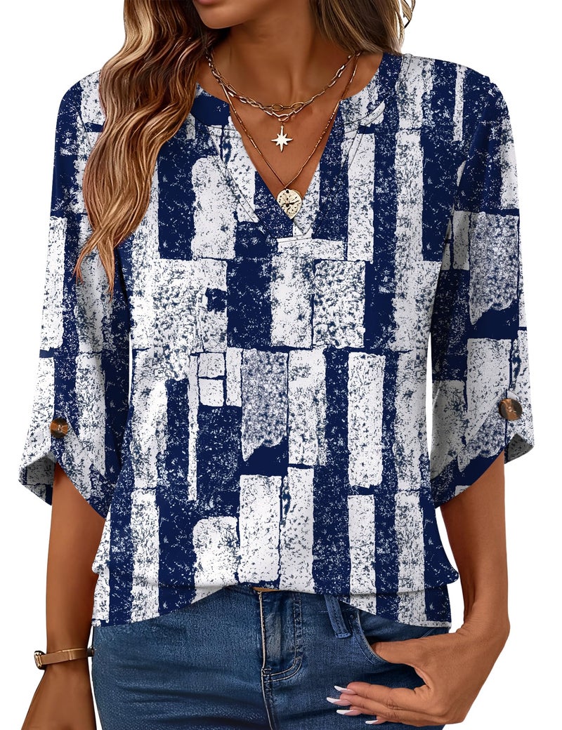 Kistore Ladies 3/4 Sleeve Tshirts V Neck White Plaid Tops Spring Womens Blouses Casual Dressy Tunics Navy Blue M - Image 1
