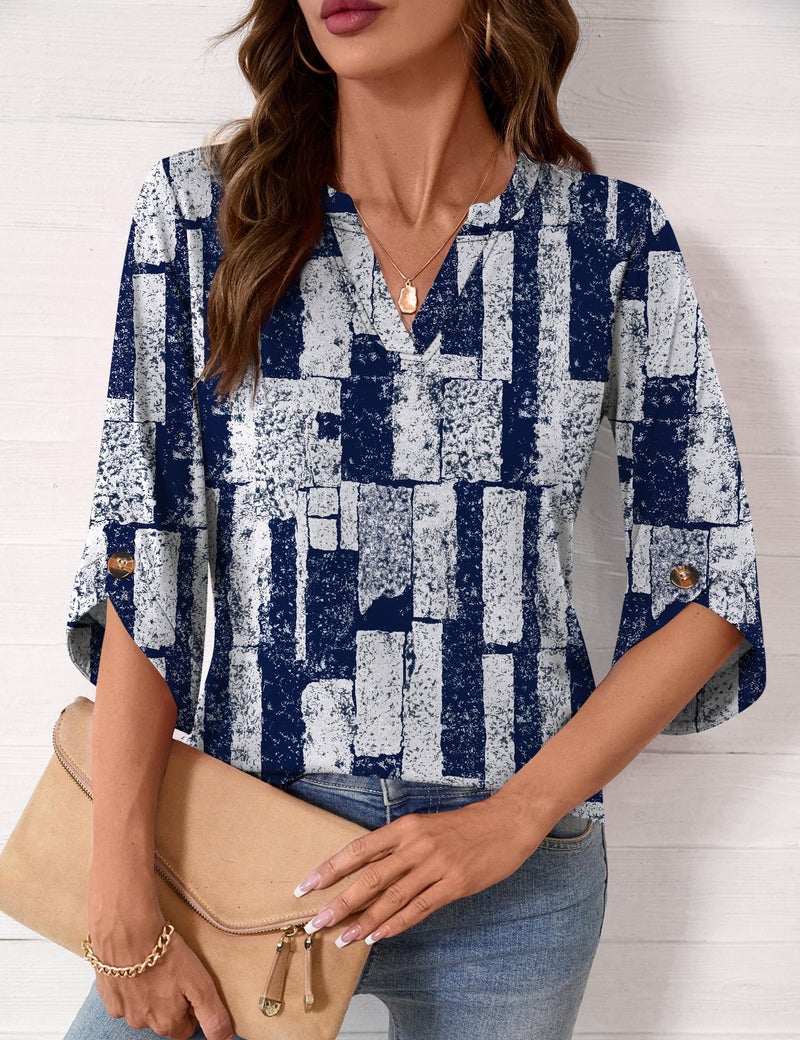 Kistore Ladies 3/4 Sleeve Tshirts V Neck White Plaid Tops Spring Womens Blouses Casual Dressy Tunics Navy Blue M - Image 3