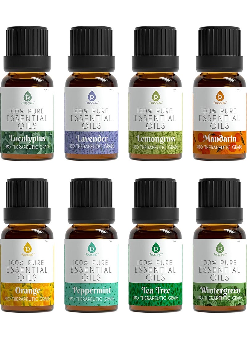 Pursonic Pursonic Essential Oils Set - 8 Aromatherapy Oils Blends Gift Set - 10ml Pure Essential Oils for Diffusers, Home, Massage & Bath(Eucalyptus,Lavender,Lemongrass,Orange,Peppermint,Tea Tree,Wintergreen) 