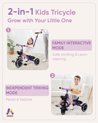 KRIDDO 2in1 Toddler Tricycle for Ages 18 Months to 5 Years Old Extended Push Handle for Effortless Push Gift Trike for Toddler 3 to 5 Year Kids Tricycle with Foldable Front Footrest Purple - Image 5