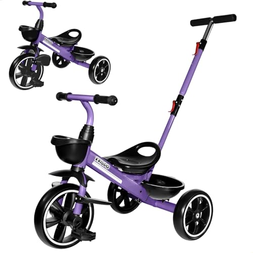 KRIDDO 2in1 Toddler Tricycle for Ages 18 Months to 5 Years Old Extended Push Handle for Effortless Push Gift Trike for Toddler 3 to 5 Year Kids Tricycle with Foldable Front Footrest Purple - Image 1