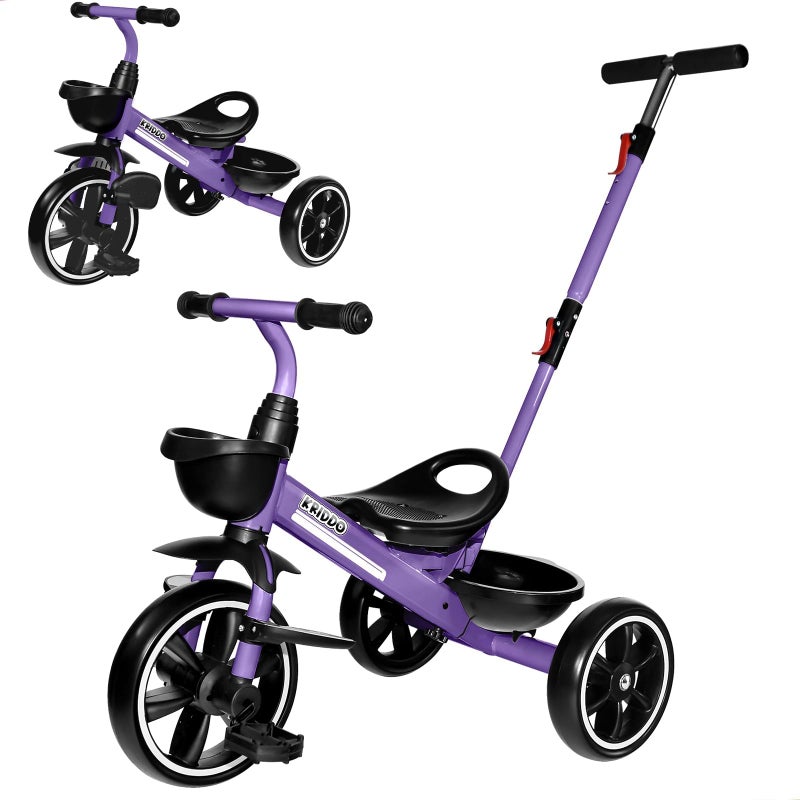 KRIDDO 2in1 Toddler Tricycle for Ages 18 Months to 5 Years Old Extended Push Handle for Effortless Push Gift Trike for Toddler 3 to 5 Year Kids Tricycle with Foldable Front Footrest Purple - Image 2