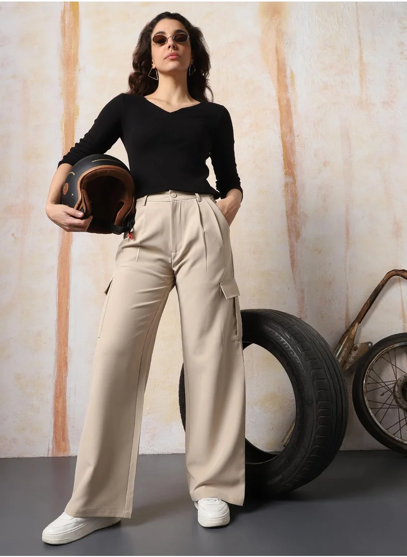 HIGH STAR Women's Beige 100% Polyester Solid Full Length Wide Wide Leg Trouser