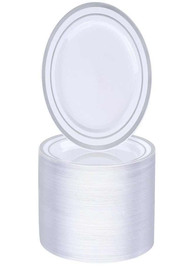 BESTVIP 100PCS 7 Inch Silver Plastic Dessert Plates, Disposable Plate with Silver Rim for Salad/Samll Cakes, Heavy Duty Plates for Party, Wedding and Birthday, Events - Image 1
