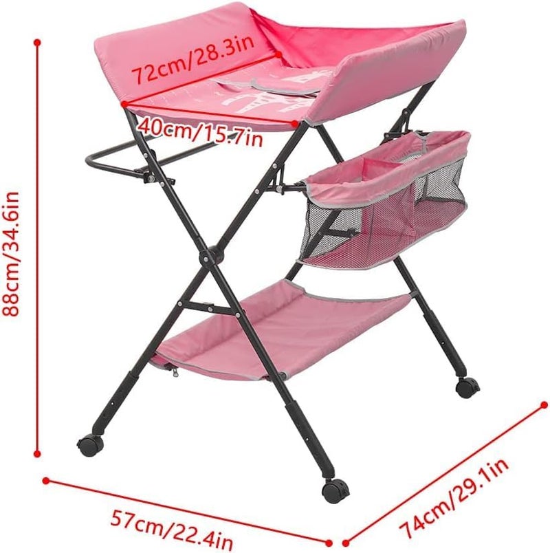 Baby Changing Table with Wheels, Folding Baby Diaper Changing Tables, 5 level Height Adjustable Infant Care Station with Storage Shelf, Newborn Massage Tables Diaper Organizer (Pink) - Image 3